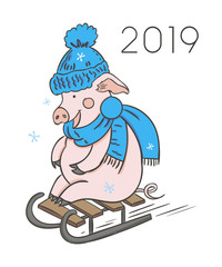 Cute pink pig. Happy New Year. Chinese symbol of the 2019 year. Excellent festive gift card. Vector illustration on white background.