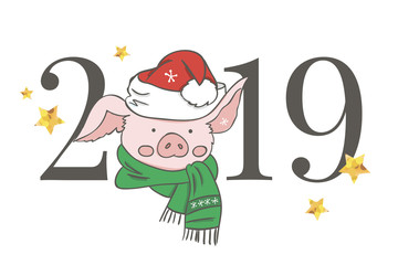 Fototapeta premium Cute pink pig. Happy New Year. Chinese symbol of the 2019 year. Excellent festive gift card. Vector illustration on white background.