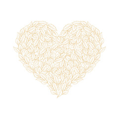 Bright Hand Drawn Floral Heart Symbol Vector Illustration. Gold Leaves Isolated on a White Background. Lovely Elegant Pastel Color Design. Adorable Branches of Heart Shape. Sweet Romantic Art.