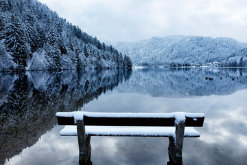 Bench by the Longemer Lake in the Vosges mountains, Xonrupt-Longemer, Lorraine, France. Winter landscape with white snowy trees reflected in water.  - obrazy, fototapety, plakaty
