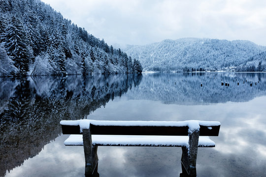 Bench by the Longemer Lake in the Vosges mountains, Xonrupt-Longemer, Lorraine, France. Winter landscape with white snowy trees reflected in water. 