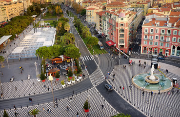 Aerial view of Place Massena square, La promenade du Pavillon park and fountain, Nice, France