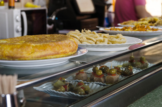 Spanish omelette, breaded squids, tuna tyipical spanish tapas