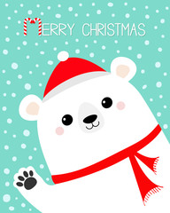 Merry Christmas. Big white polar bear waving hand paw print. Red hat, scarf. Happy New Year. Cute cartoon funny kawaii baby character. Greeting Card. Flat design. Blue snow background.