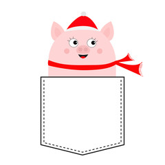 Pig face head in the pocket. Piggy piglet character. Santa hat, scarf. Cute cartoon animals. Dash line. White and black color. T-shirt design. Baby background. Isolated. Flat design.