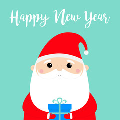 Happy New Year. Santa Claus holding gift box. Funny face head. Candy cane. Merry Christmas. Red hat. Moustaches, beard. Cute cartoon funny kawaii baby character. Flat design. Blue background.