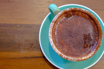 Hot Mocha - A Cup of Coffee on wooden table background and copy space, Morning Breakfast.