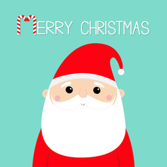 Merry Christmas. Santa Claus face head icon. Candy cane. New Year. Red hat. Moustaches, beard. Cute cartoon funny kawaii baby character. Flat design. Blue background.