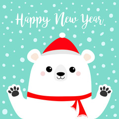 Happy New Year. White polar bear holding hands paw print. Red scarf, hat. Cute cartoon funny kawaii baby character. Merry Christmas. Flat design. Blue snow background.