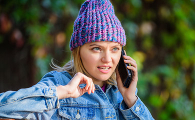 Girl smartphone call friend. Stay touch with modern smartphone. Mobile call concept. I am waiting...