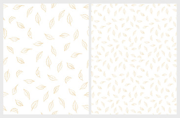 Delicate Hand Drawn Floral Vector Pattern. Light Gold Leaves on a White Background. Subtle Pastel Color Drawing.  Lovely Repeatable Pattern.