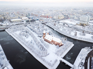 Aerial: The Cathedral of Kaliningrad in winter time