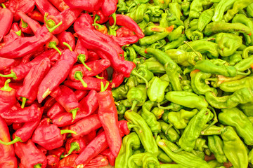 Red and green peppers displayed on food market in Kyrenia, Northern Cyprus, view from above.