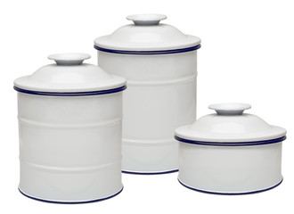 White enamel canisters isolated on white background