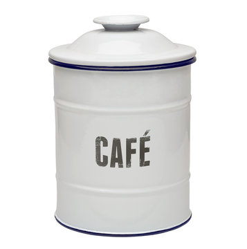 White enamel cafe canister isolated on white background  including clipping path