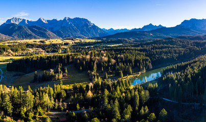 Drone shot, aerial view, Barmsee and Grubsee,, Garmisch-Partenkirchen region, Ostallgäu, Bavaria,...