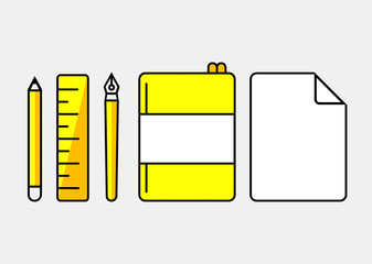 Yellow color stationery set include pen pencil ruler notebook and paper