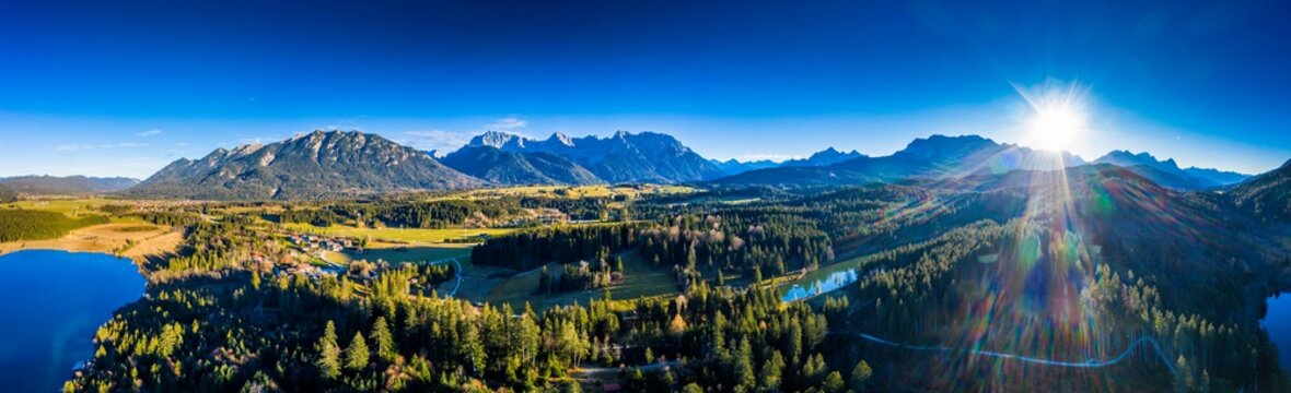 Drone shot, aerial view, Barmsee and Grubsee,, Garmisch-Partenkirchen region, Ostallg&auml;u, Bavaria, Germany