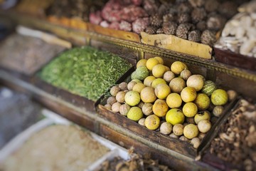 Traditional spices bazaar with herbs and spices in Egypt. Selective Focus.