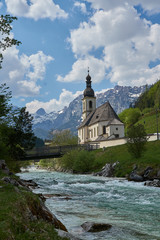 Fototapeta na wymiar Scenic mountain landscape in the Bavarian Alps with famous Parish Church of St. Sebastian in the village of Ramsau, Nationalpark Berchtesgadener Land, Upper Bavaria