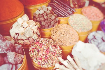 Spices on a traditional Moroccan market. Selective Focus.