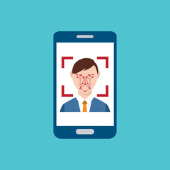 Facial recognition technology, Face ID concept, smart phone focus in a users face. Vector illustration.