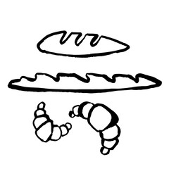 Baguette and croissant icon. Hand drawn grunge illustration. Vector ink brush illustration.