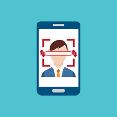 Facial recognition technology, Face ID concept, smart phone focus in a users face. Vector illustration.