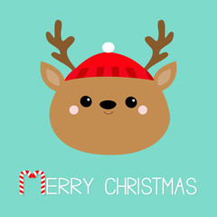 Merry Christmas. Raindeer deer round head face icon. Red hat, nose, horns. Happy New Year. Cute cartoon kawaii baby character. Funny animal. Flat design. Hello winter. Blue background.