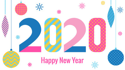 Stylish greeting card. Happy New Year 2020. Trendy geometric font in memphis style of 80s-90s. Digits and abstract christmas balls isolated on white background