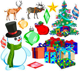 Set for happy Christmas and new year, cartoon icons and illustrations