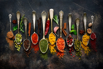 Assortment of natural spices on a vintage spoons.Top view with copy space.