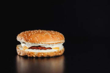 Fish burger close up on isolated black background