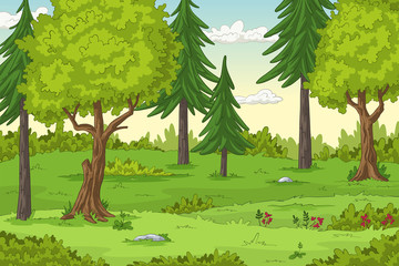 Paysage forestier avec des arbres, illustration de tirage à la main