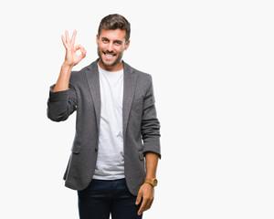 Young handsome business man over isolated background smiling positive doing ok sign with hand and fingers. Successful expression.