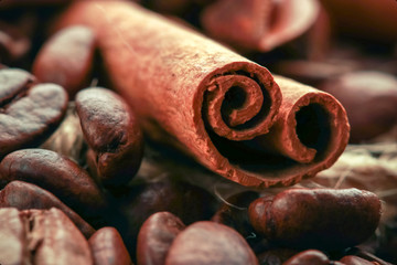 coffee beans and cinnamon sticks