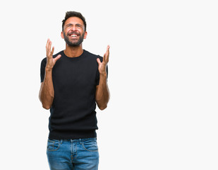 Adult hispanic man over isolated background crazy and mad shouting and yelling with aggressive expression and arms raised. Frustration concept.