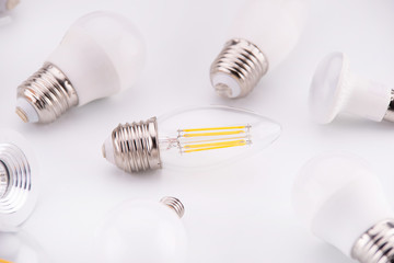 Led lamps lie on a white background