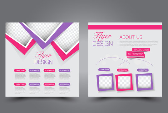 Square flyer template. Brochure design. Annual report poster. Leaflet cover. For business and education. Vector illustration. Pink and purple color.