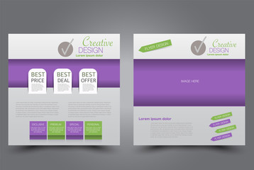 Square flyer design. A cover for brochure.  Website or advertisement banner template. Vector illustration. Purple and green color.