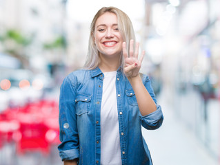 Young blonde woman over isolated background showing and pointing up with fingers number four while smiling confident and happy.