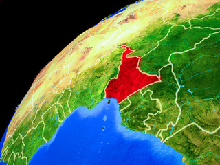 Cameroon from space. Planet Earth with country borders and extremely high detail of planet surface.