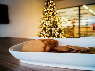 spiced cookies Christmas tree with blurred fairy background