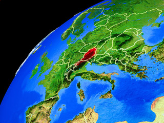 Austria from space. Planet Earth with country borders and extremely high detail of planet surface.