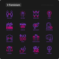Feminism thin line icons set: women's rights, girl power, gender equality, sex dicrimination, me too, protest, girls are strong. Modern vector illustration.