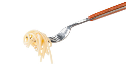 Delicious pasta on fork against white background