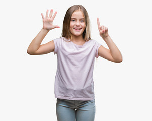 Fototapeta na wymiar Young beautiful girl over isolated background showing and pointing up with fingers number six while smiling confident and happy.