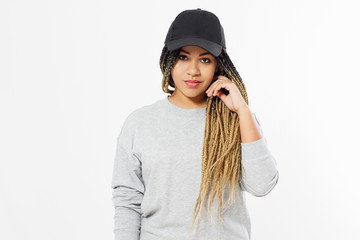 African american girl in template blank sweatshirt and cap isolated on white background. Front...