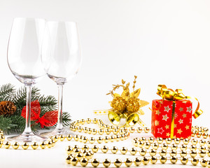 Christmas background glasses of wine on the background decorations