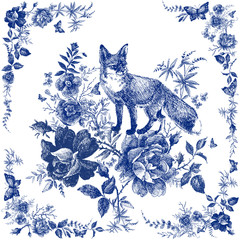 Silk scarf with floral and wild animal. Fox illustration. Vintage design shawl with roses. Fairytale forest. hand drawn flower line graphics. fashion textile design Indigo color. 